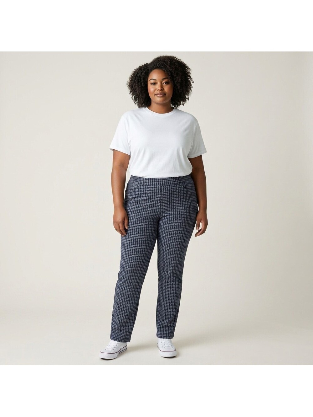 Susan Graver Pants Women XL Blue Geometric High Rise Flat Front Tapered Cotton
